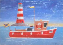 Driftwood Postcard - Fishing Boat and Lighthouse